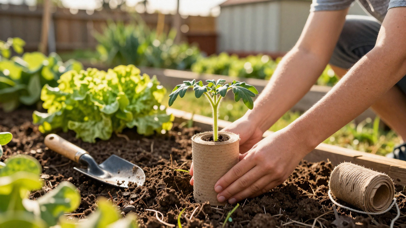 Pessoa a plantar uma muda em vaso biodegradável num jardim com terra e alfaces.