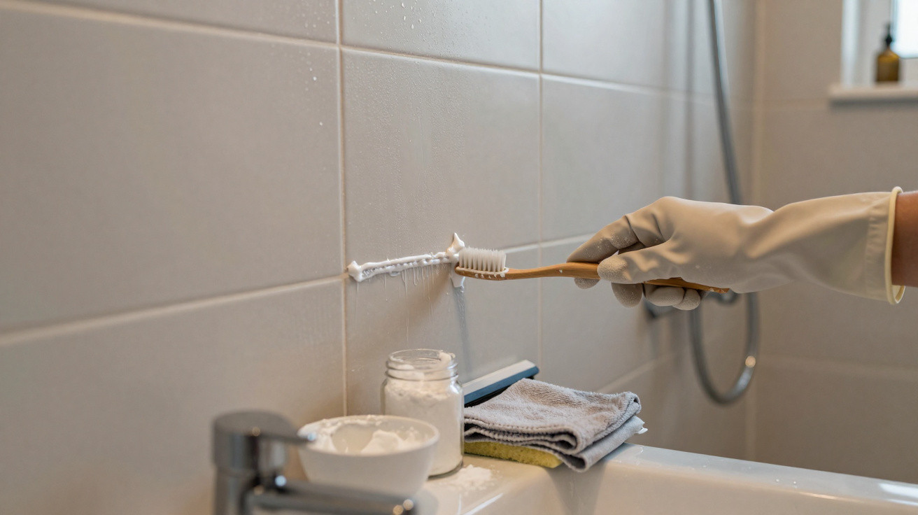 Pessoa a limpar juntas de azulejos de casa de banho com escova de dentes e luva de borracha.
