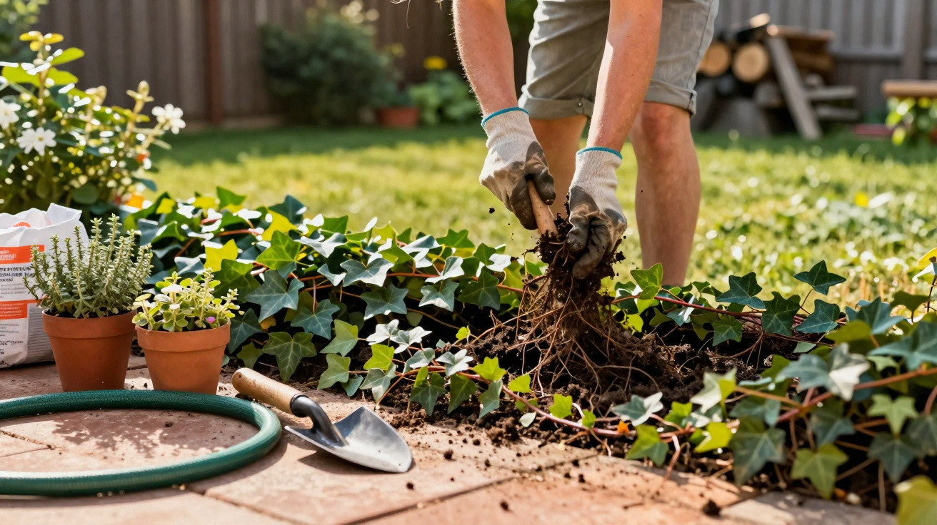Pessoa a transplantar plantas de hera num jardim ensolarado, com luvas, ferramentas e regador ao lado.