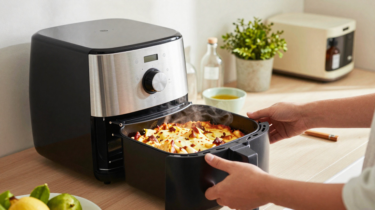 Mãos a retirar um tabuleiro com lasanha quente de um forno de cozinha moderno, com legumes e plantas na bancada.