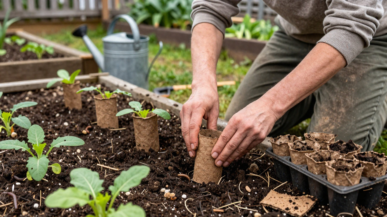 Jardineiro a transplantar pequenas plantas em vasos biodegradáveis para a terra de uma horta.