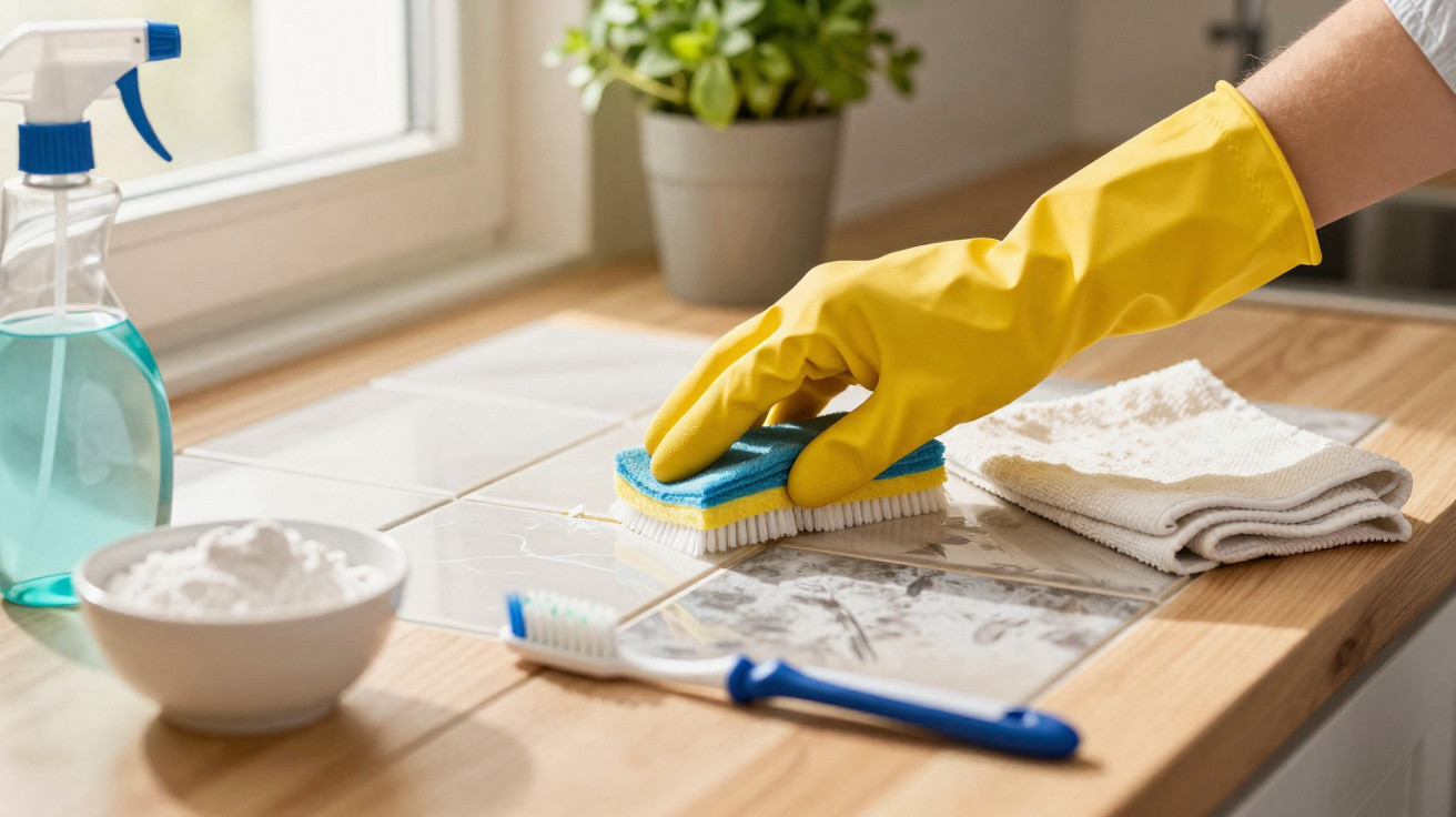 Mão com luva amarela a esfregar azulejos com esponja, perto de spray e utensílios de limpeza numa bancada.