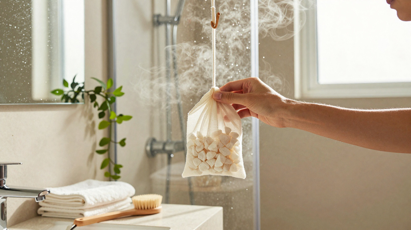 Mão a segurar saco de tecido com marshmallows suando devido ao vapor num ambiente de casa de banho.