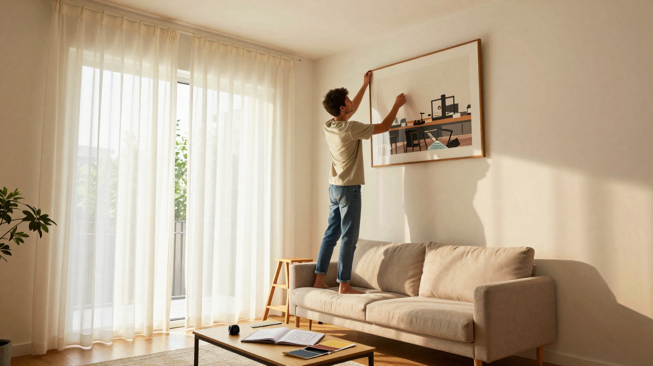 Pessoa jovem a pendurar quadro numa parede branca numa sala com sofá e mesa de apoio, luz natural.