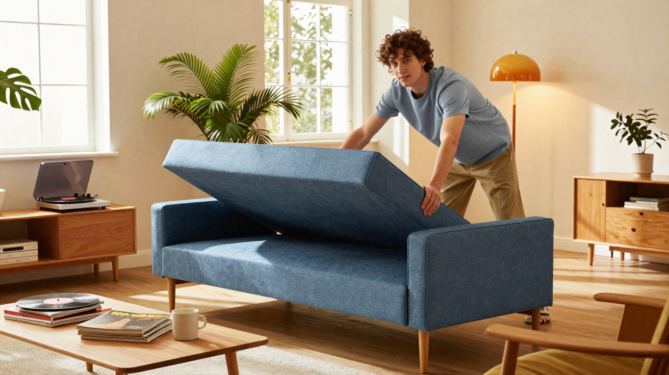 Homem azul abre sofá-cama azul numa sala iluminada com móveis de madeira e plantas.