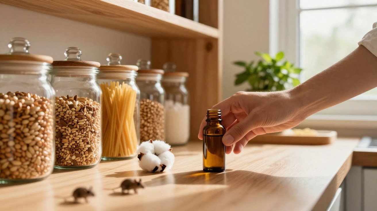Mão a segurar frasco de vidro pequeno numa bancada com frascos de alimentos secos e duas miniaturas de ratinhos.