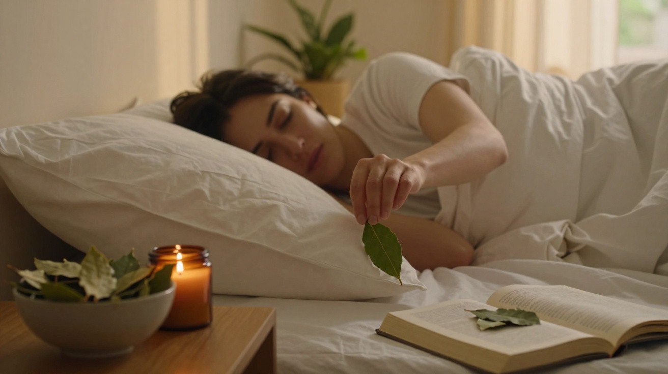 Mulher deitada na cama com olhos fechados, segurando uma folha, vela acesa e livro aberto ao lado.
