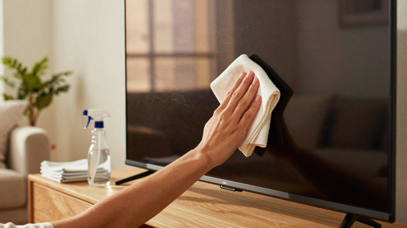 Mão a limpar a tela de uma televisão com um pano branco numa sala com móveis de madeira clara.