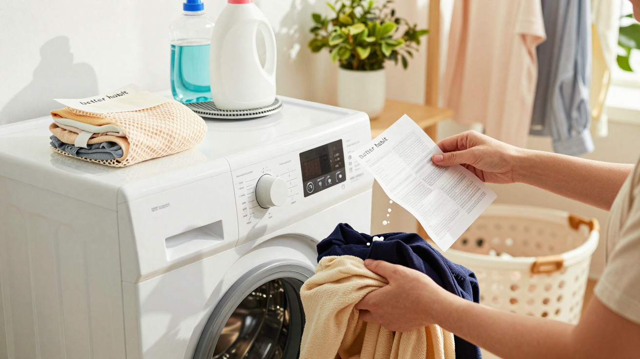 Pessoa a ler instruções enquanto coloca roupa numa máquina de lavar roupa branca numa lavandaria.