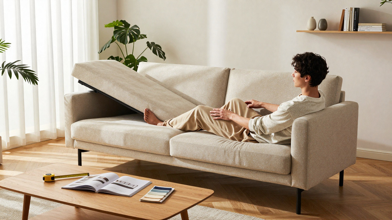 Pessoa sentada num sofá bege com assento elevável numa sala decorada com plantas e mesa de centro de madeira.
