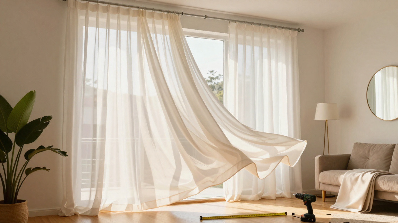 Sala de estar iluminada com cortinas brancas esvoaçantes, sofá, planta e ferramentas no chão.