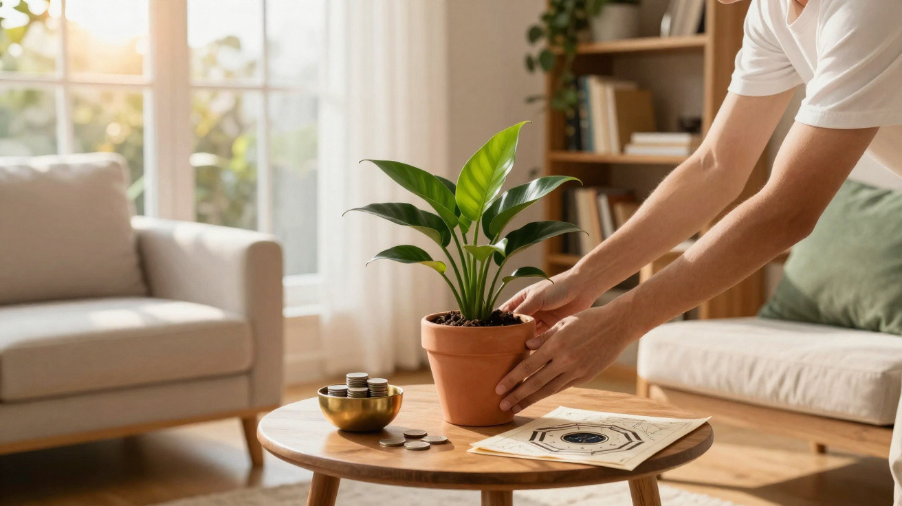 Pessoa a colocar planta em vaso numa mesa de centro com moedas e livros numa sala luminosa e acolhedora.