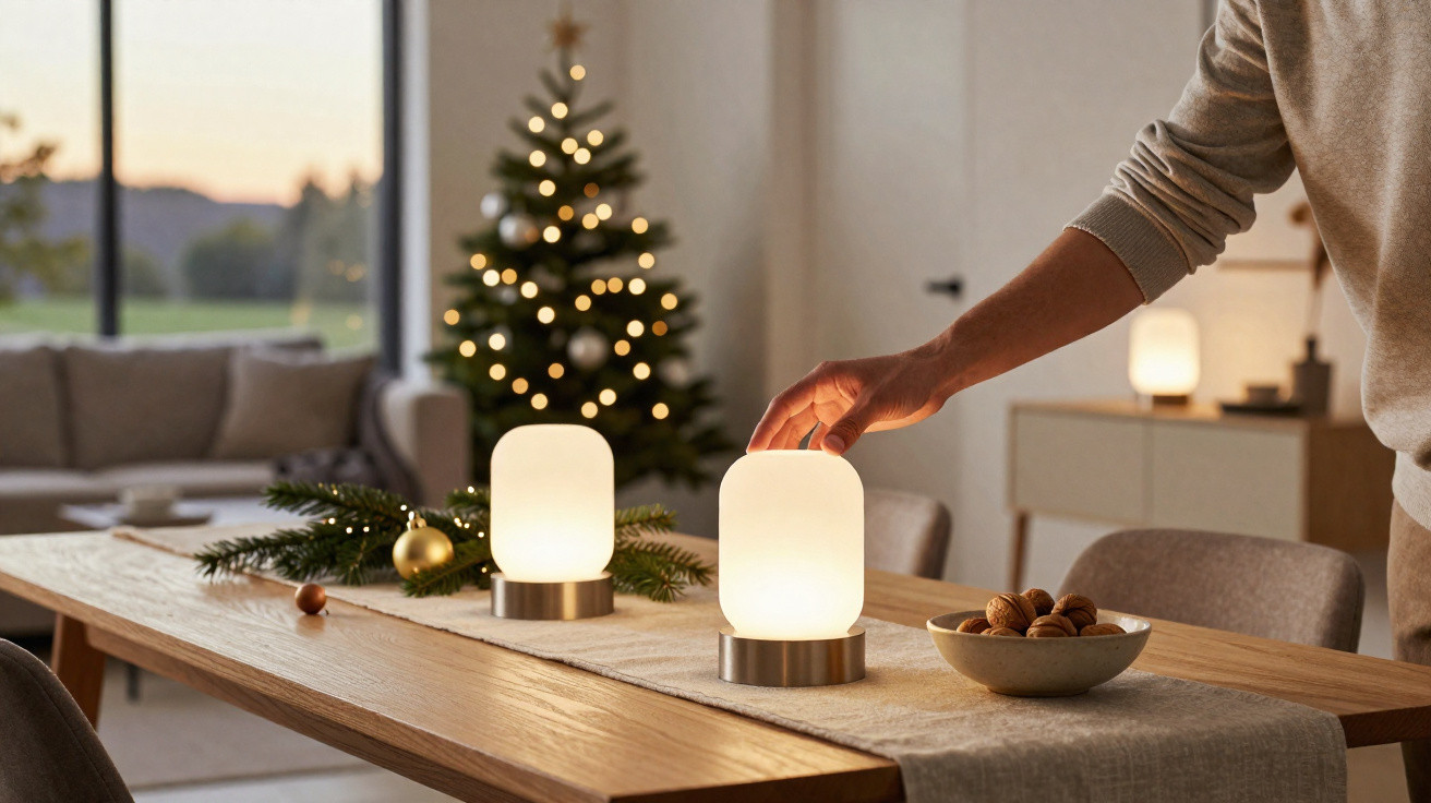 Pessoa a ligar candeeiro numa mesa de madeira decorada com raminhos e uma árvore de Natal ao fundo.