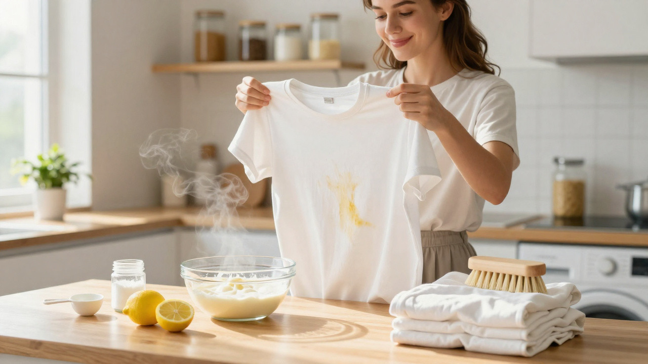 Mulher segura t-shirt branca com mancha amarela na cozinha, com ingredientes naturais para limpeza na mesa.