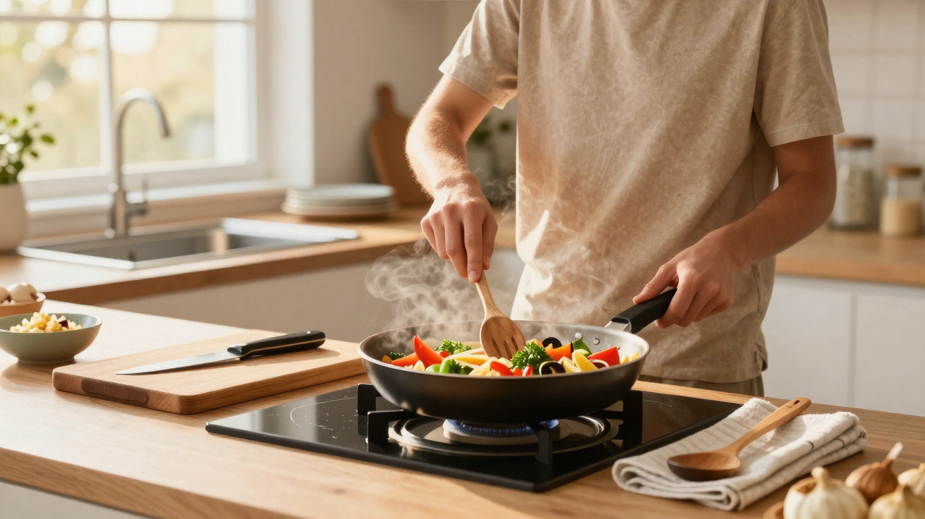 Pessoa a cozinhar legumes variados com colher de pau numa frigideira sobre fogão numa cozinha moderna.