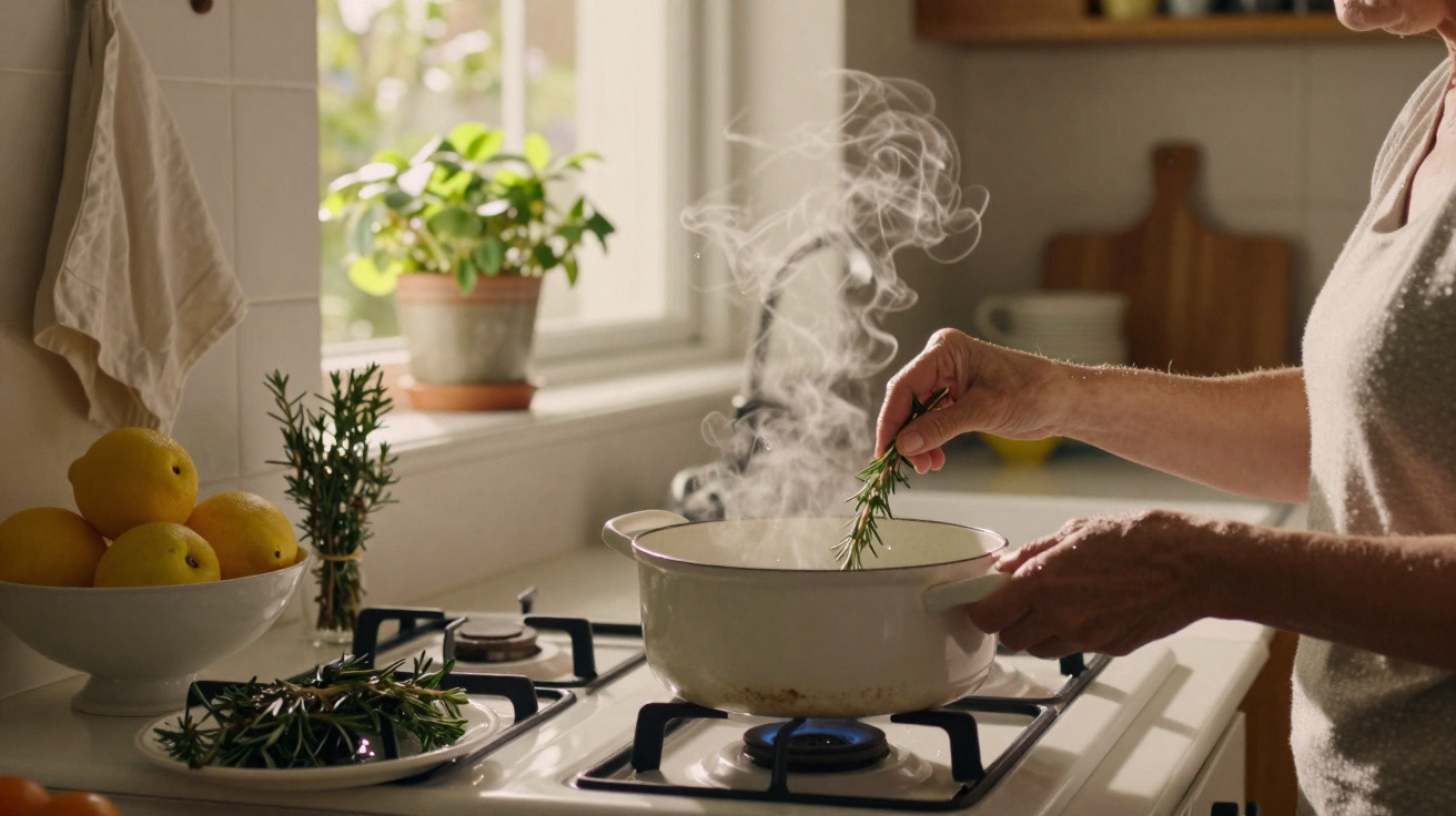 Pessoa a cozinhar com ervas aromáticas numa panela no fogão a gás numa cozinha iluminada pela janela.