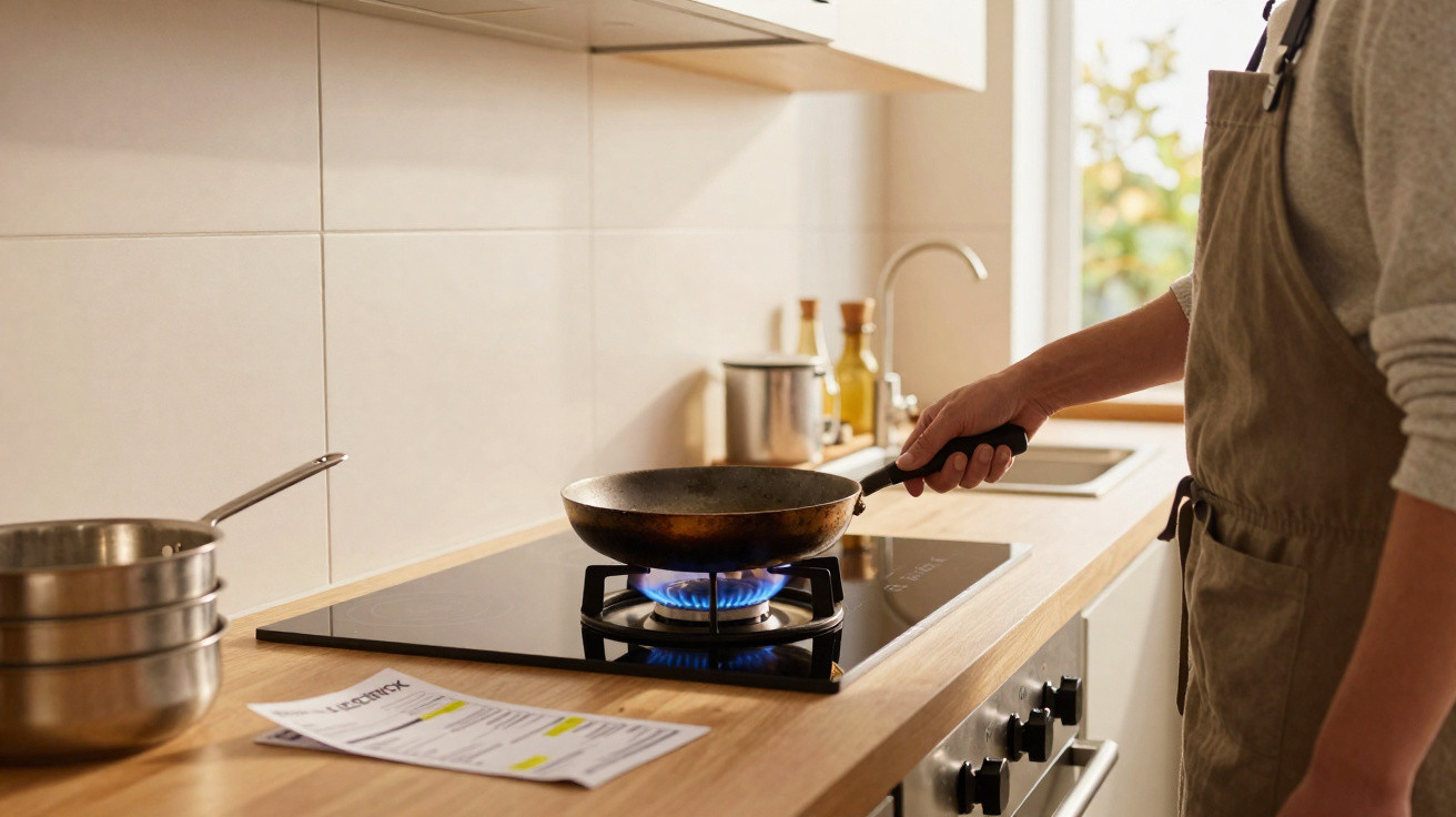 Pessoa a cozinhar com frigideira ao lume num fogão de gas num ambiente de cozinha moderno e iluminado.