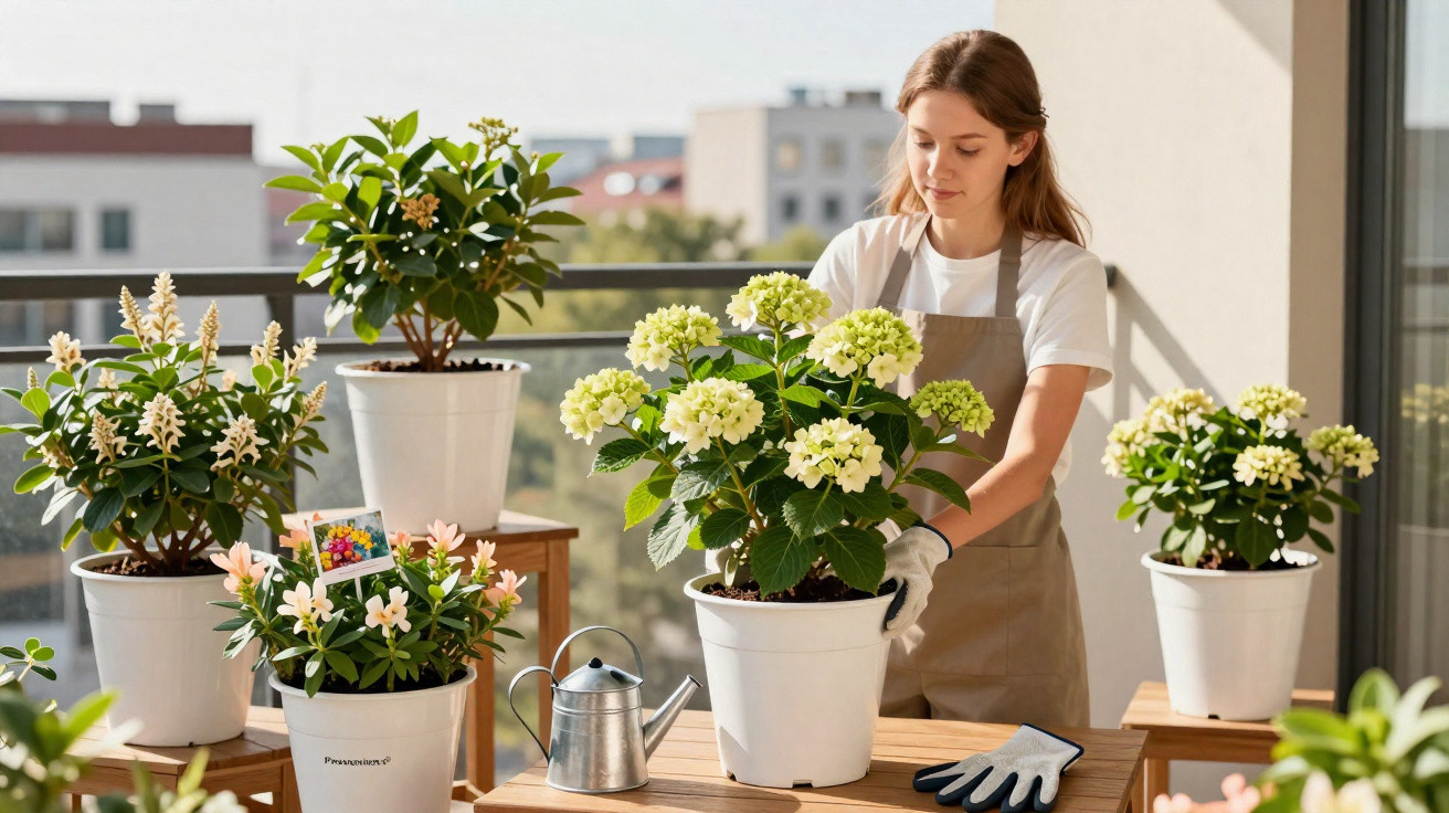 Mulher a cuidar de plantas com flores brancas em vasos brancos numa varanda ensolarada.