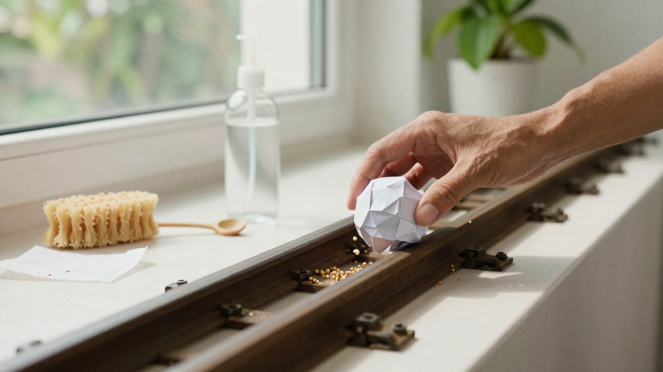Mão a colocar bola de papel numa linha de comboio em miniatura com pincel e dispensador ao fundo.