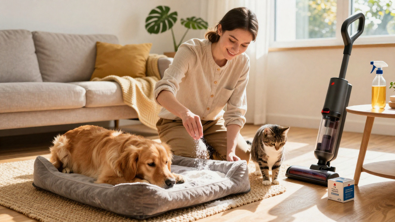 Mulher a cuidar de cão e gato num ambiente acolhedor com chão de madeira e aspirador à vista.