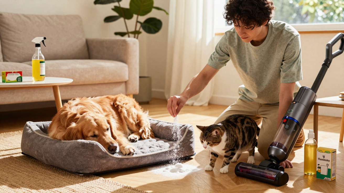 Pessoa a limpar chão com aspirador perto de cão descansando e gato atento num ambiente luminoso.