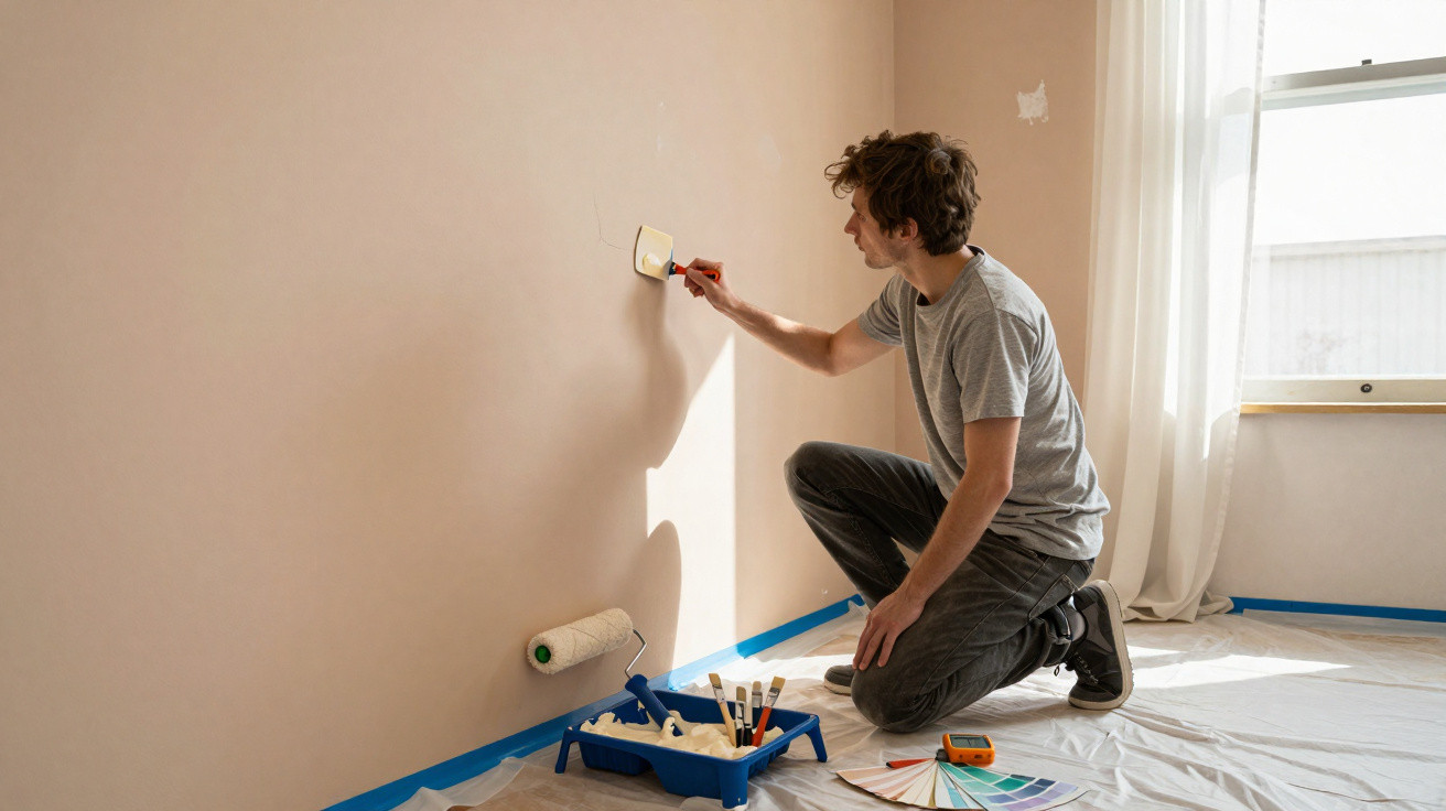 Homem a pintar parede de bege numa divisão com luz natural e material de pintura no chão.