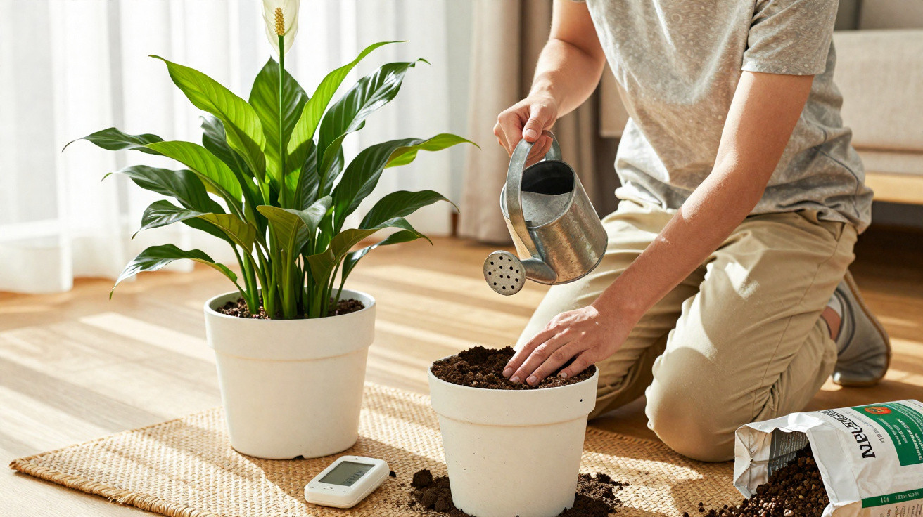 Pessoa a regar uma planta e a preparar o vaso com terra num ambiente interior iluminado pela luz natural