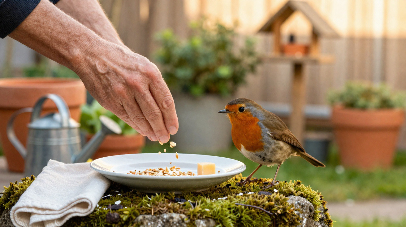 Mão a alimentar um pardal com sementes numa placa num jardim com flores e vaso ao fundo.