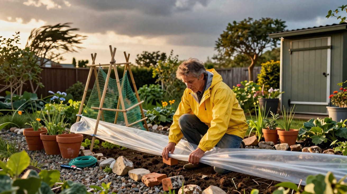 Homem idoso com casaco amarelo a preparar solo numa horta com plantas e estufa de plástico ao entardecer.
