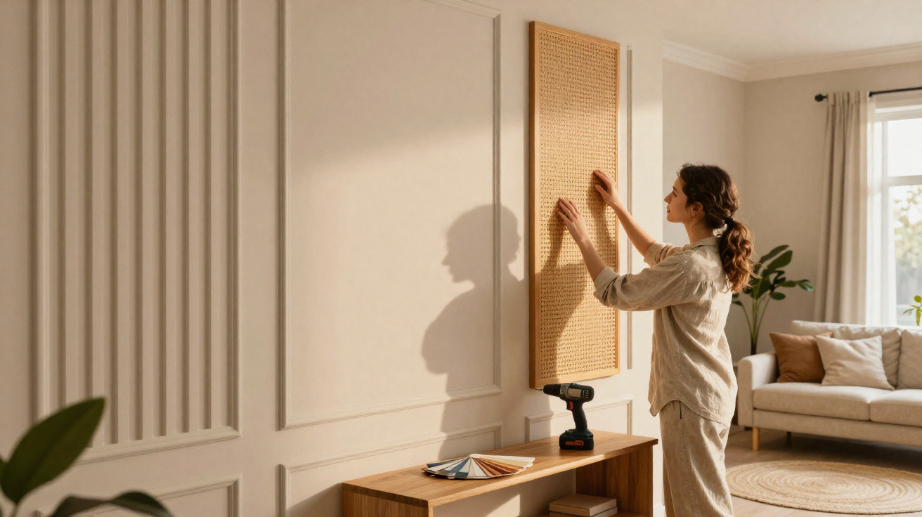 Mulher a pendurar decoração de parede em painel de madeira num quarto com sofá e plantas.