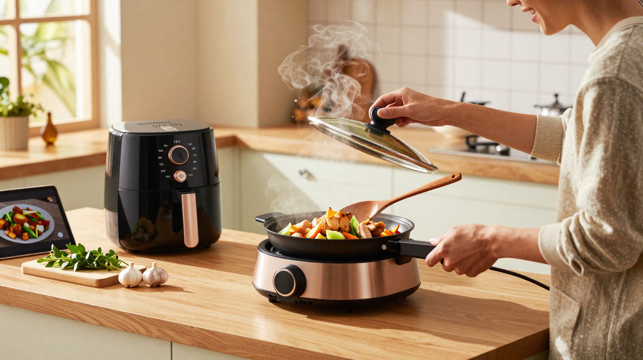 Pessoa a cozinhar legumes numa frigideira elétrica com tampa numa cozinha moderna e luminosa.