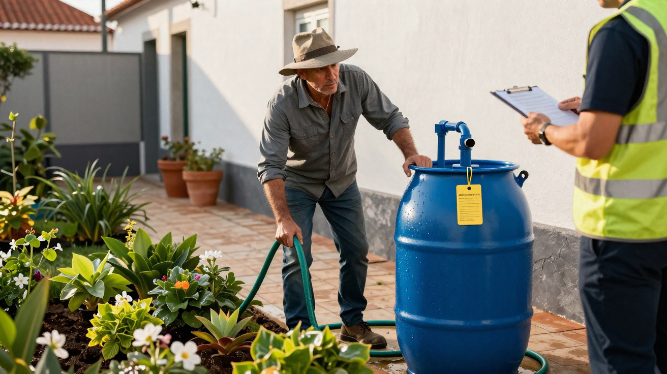 Homem rega plantas com mangueira junto a tambor azul, com outro homem de colete a observar e anotar.