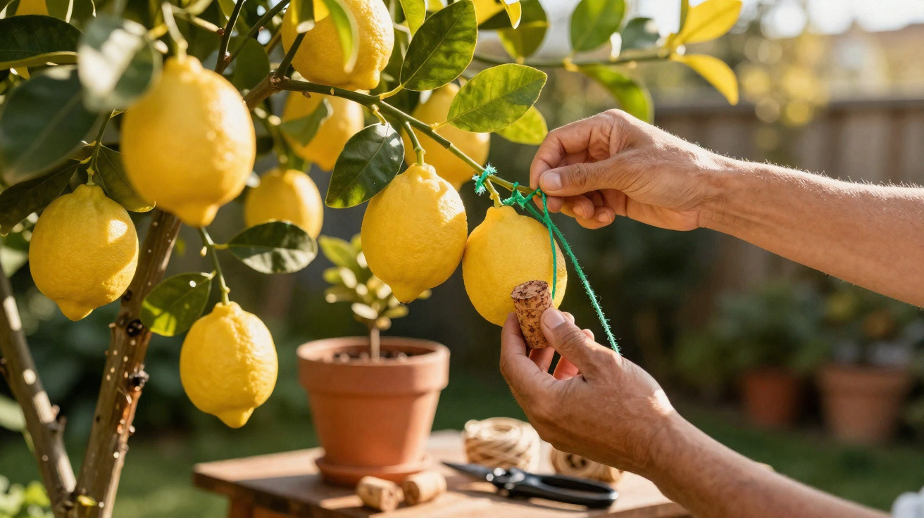 Mãos a amarrar limão com corda verde numa árvore de limoeiros num jardim ao ar livre.