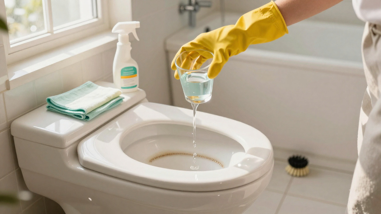 Pessoa com luva amarela a despejar produto de limpeza dentro de um vaso sanitário num banheiro.