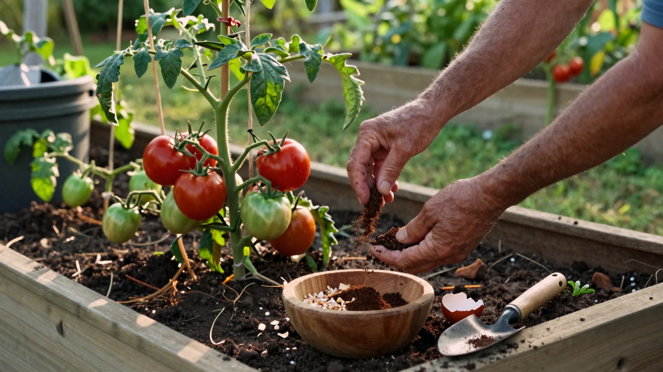 Mãos a preparar terra com composto para plantas num canteiro com tomateiros maduros e verdes.