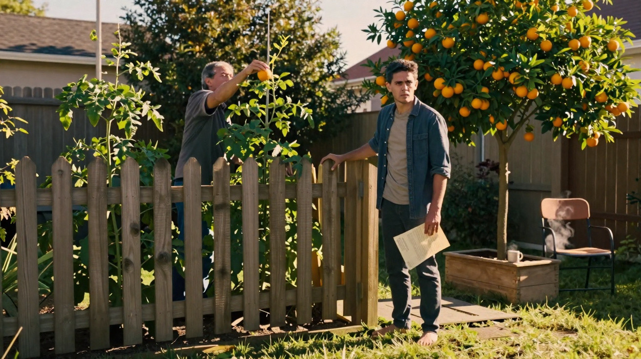 Dois homens num jardim, um com folha na mão perto de uma cerca, outro a cuidar de plantas junto a uma árvore de laranjas.