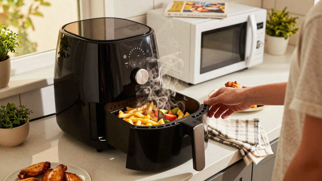 Mão a retirar cesto de frigideira elétrica preta com batatas e legumes fumegantes na cozinha.