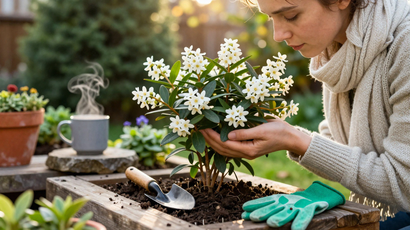 Mulher cheira flores brancas num canteiro de madeira com luvas e ferramentas de jardinagem ao lado.