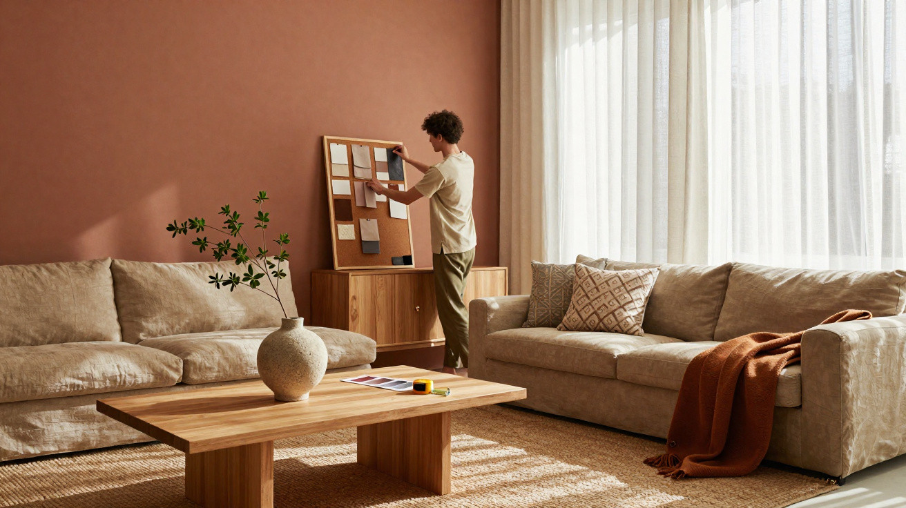 Homem a organizar notas num quadro numa sala de estar com sofá, mesa de madeira e janela com cortinas brancas.