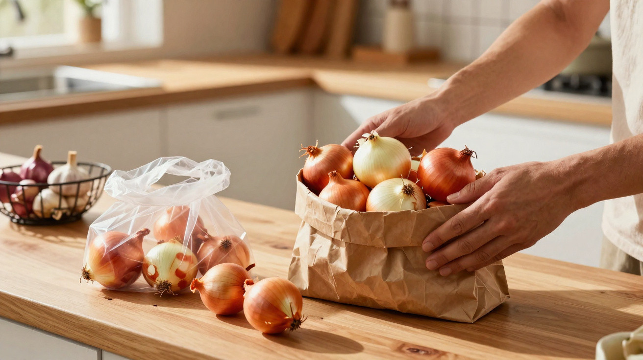 Mãos a colocar cebolas amarelas e castanhas numa bolsa de papel numa cozinha com bancada de madeira.