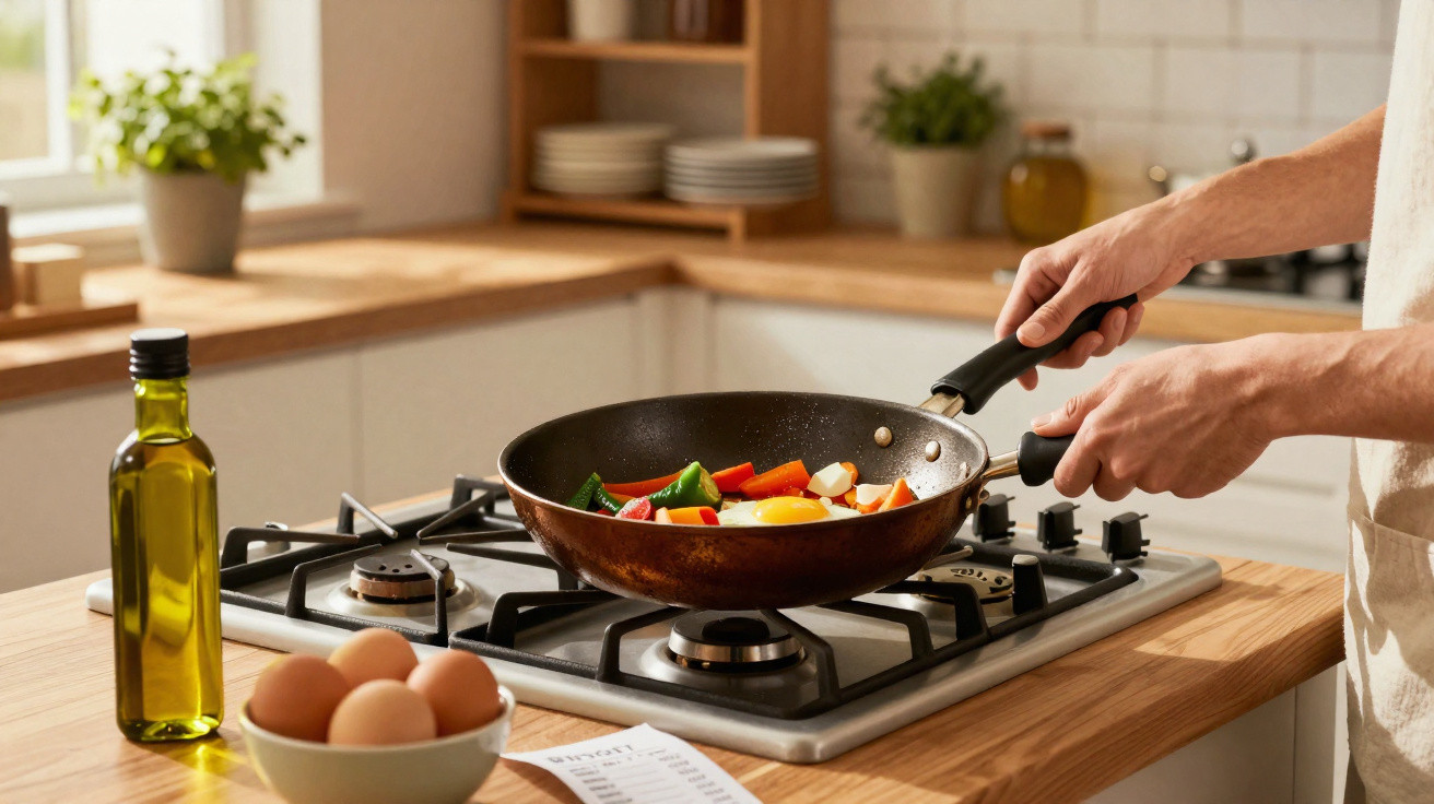 Pessoa a cozinhar legumes e um ovo numa frigideira em fogão de cozinha moderna com azeite e ovos à vista.
