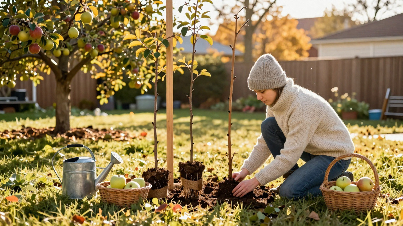 Pessoa a plantar árvores jovens num jardim com cestos de maçãs e regador, num dia de outono ensolarado.