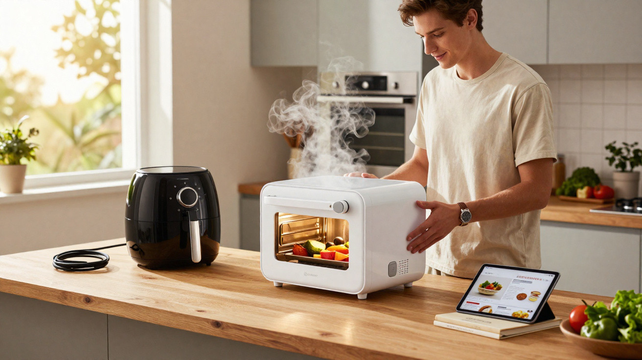 Homem a usar forno elétrico branco num balcão de cozinha com air fryer preto e tablet ao lado.