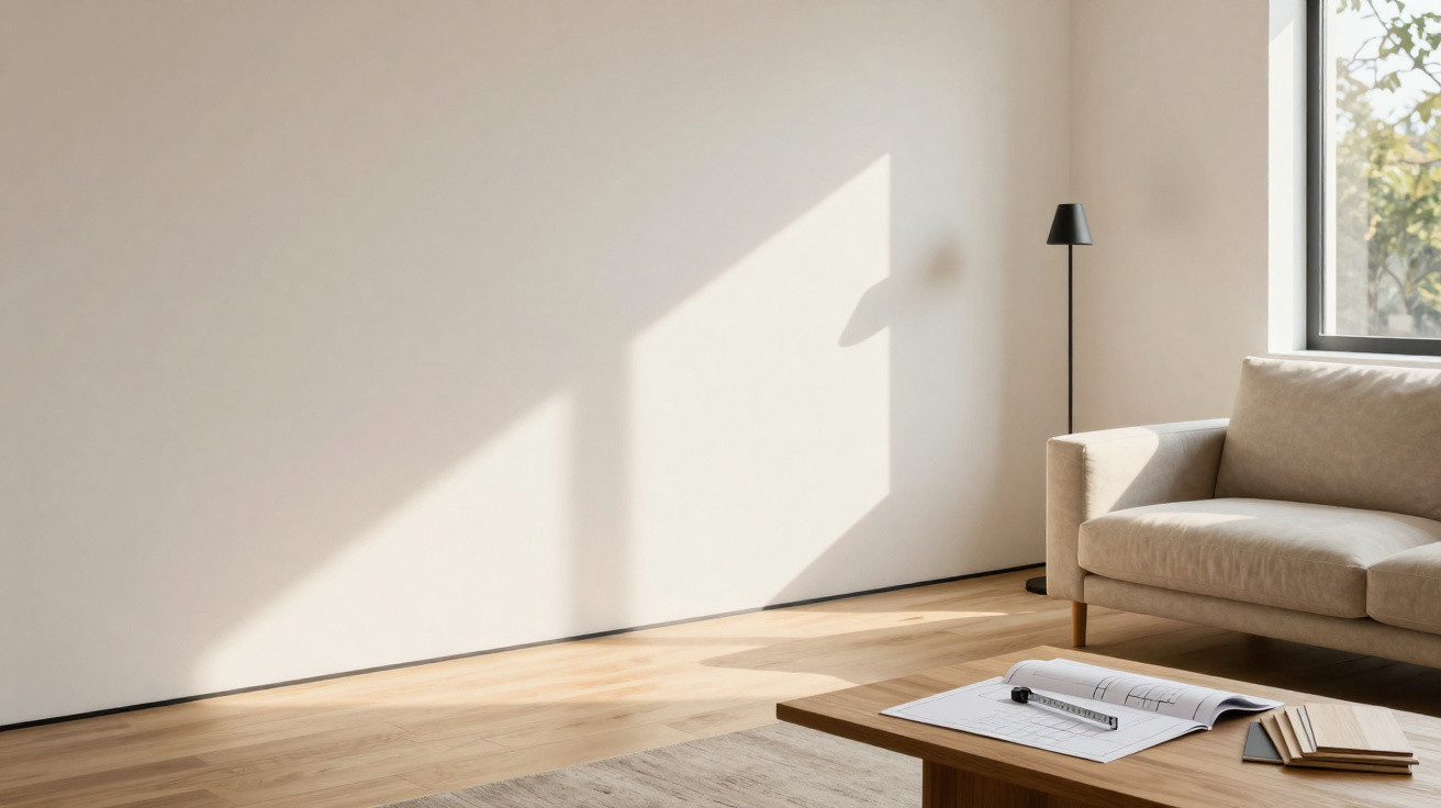 Sala de estar minimalista com sofá bege, mesa de madeira com caderno, caneta e lâmpada de pé preta junto à parede.