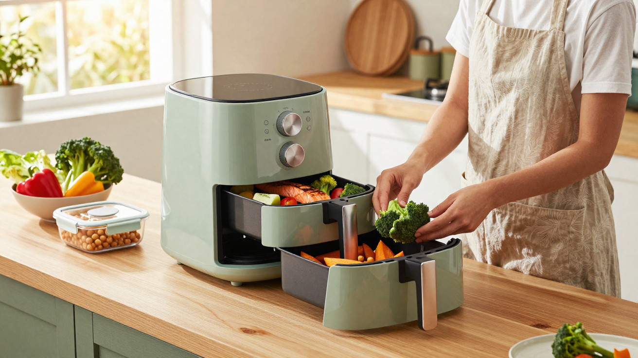 Pessoa a colocar legumes numa fritadeira de ar dupla em cozinha moderna e iluminada.