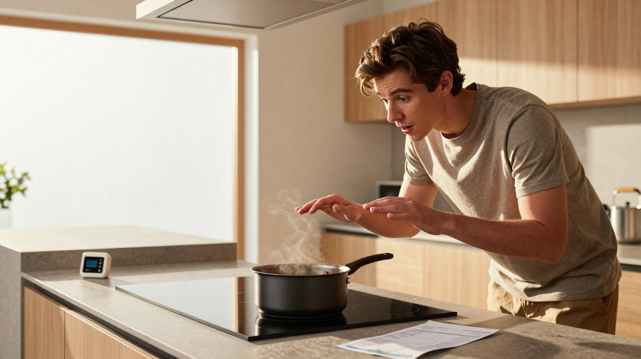 Homem jovem a aquecer as mãos junto a um tacho com vapor numa cozinha moderna.