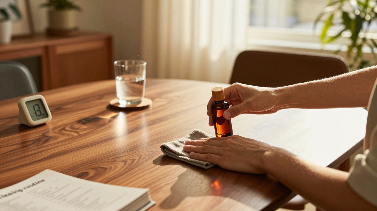 Pessoa a limpar uma mesa de madeira com um pano e um frasco de líquido numa sala iluminada natural.