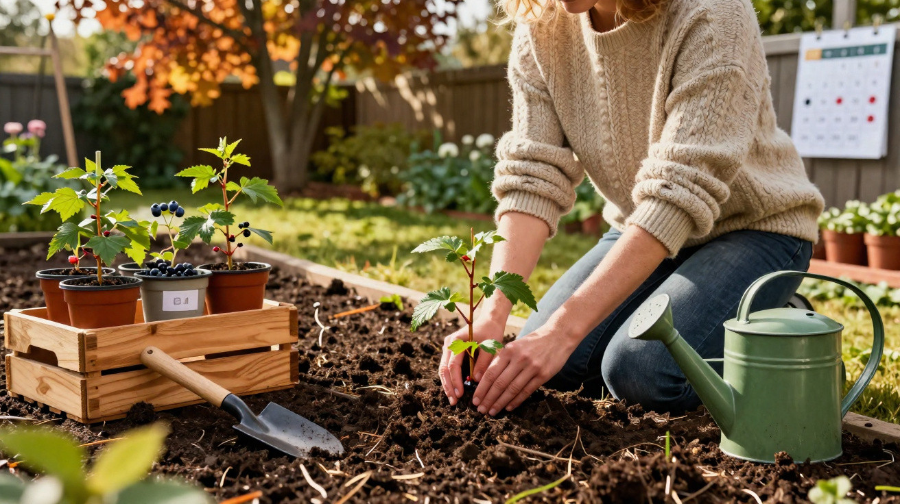 Pessoa a plantar uma muda numa horta, com regador verde, enxada pequena e vasos com plantas ao lado.