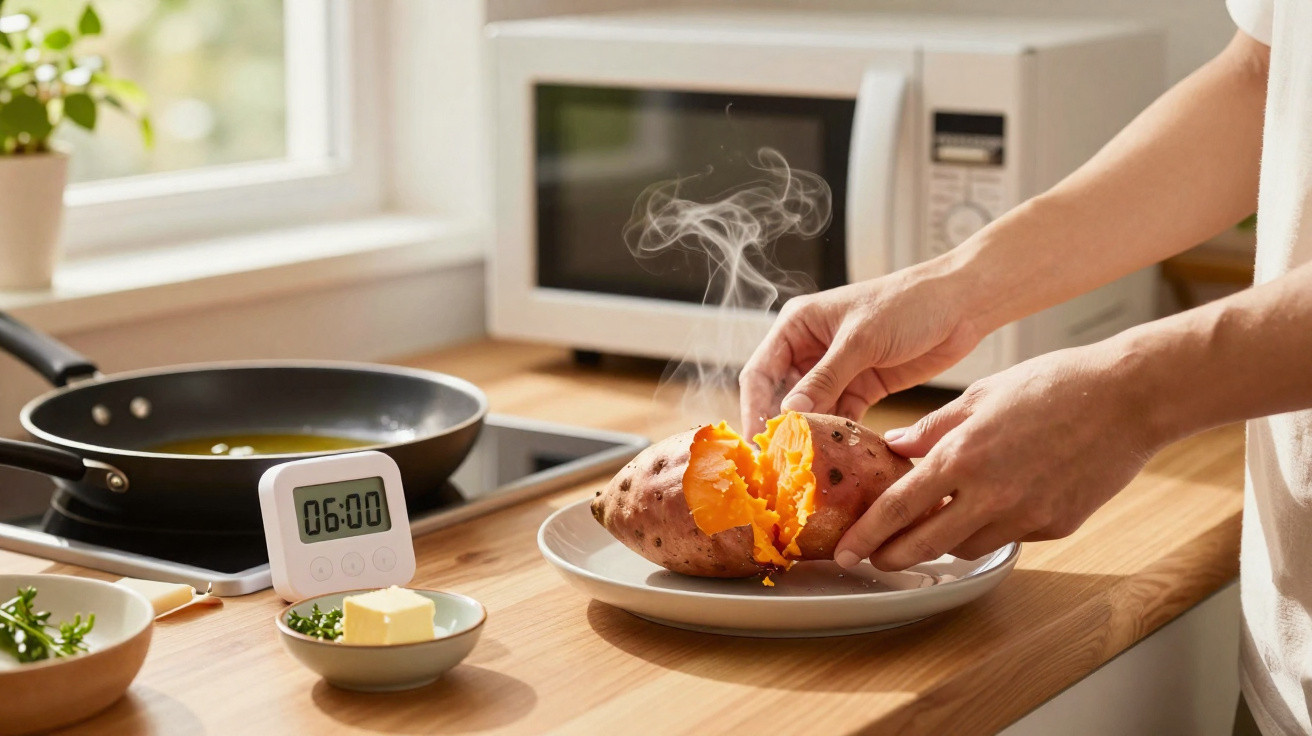 Pessoa a partir uma batata-doce quente numa cozinha com temporizador a marcar 6 minutos no balcão.
