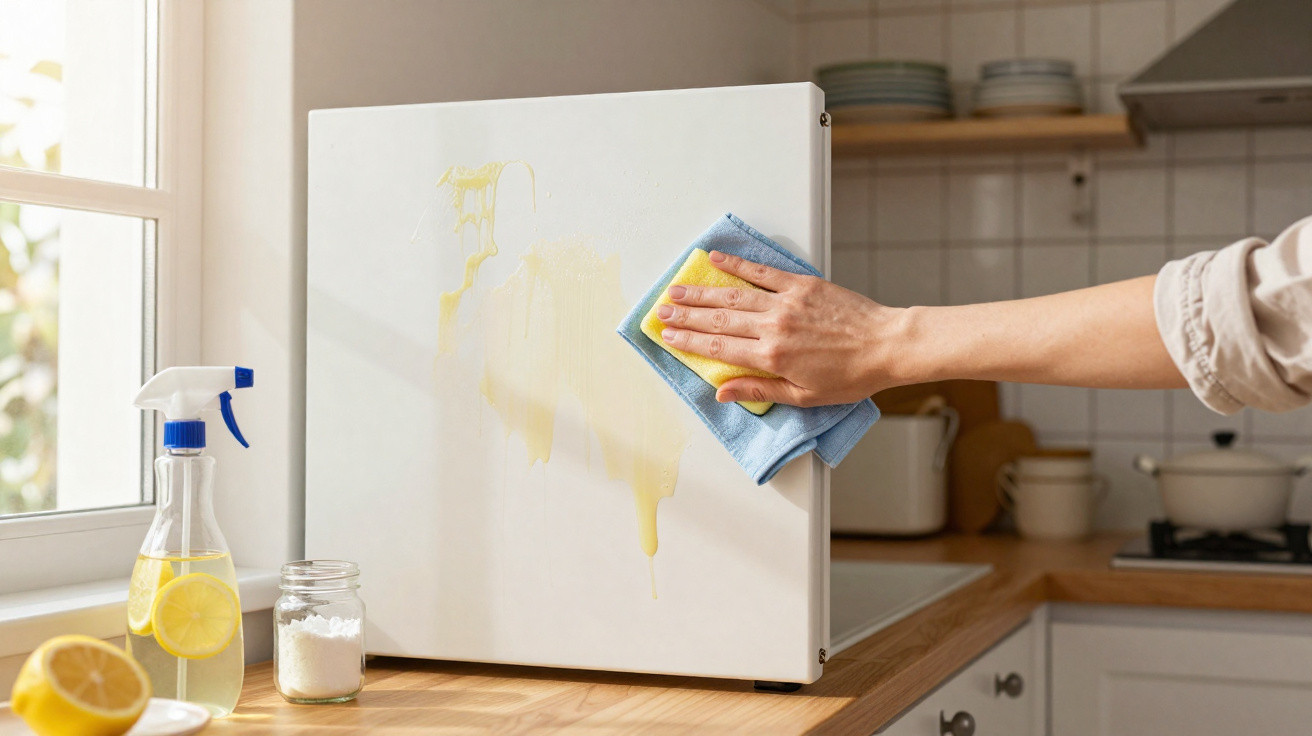 Pessoa a limpar despenseiro branco com pano azul e esponja amarela numa cozinha luminosa.